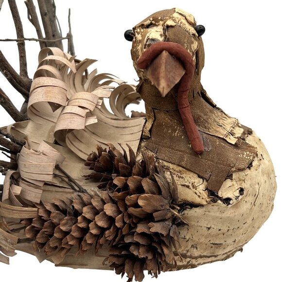 Vintage Handmade Set Rustic Turkey Figurines Bark Pinecone Folk Art Thanksgiving - Picture 2 of 16